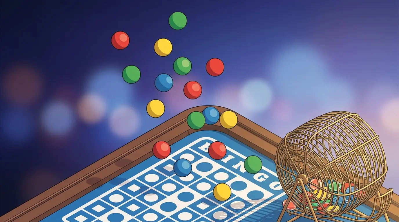 Bingo-palloja ja pelimerkkejä sinivalkoisella huovalla