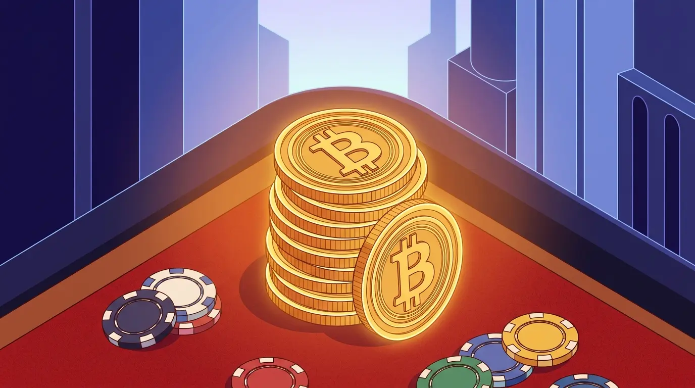 Bitcoin-kolikoita ja pelimerkkejä kasinopöydällä