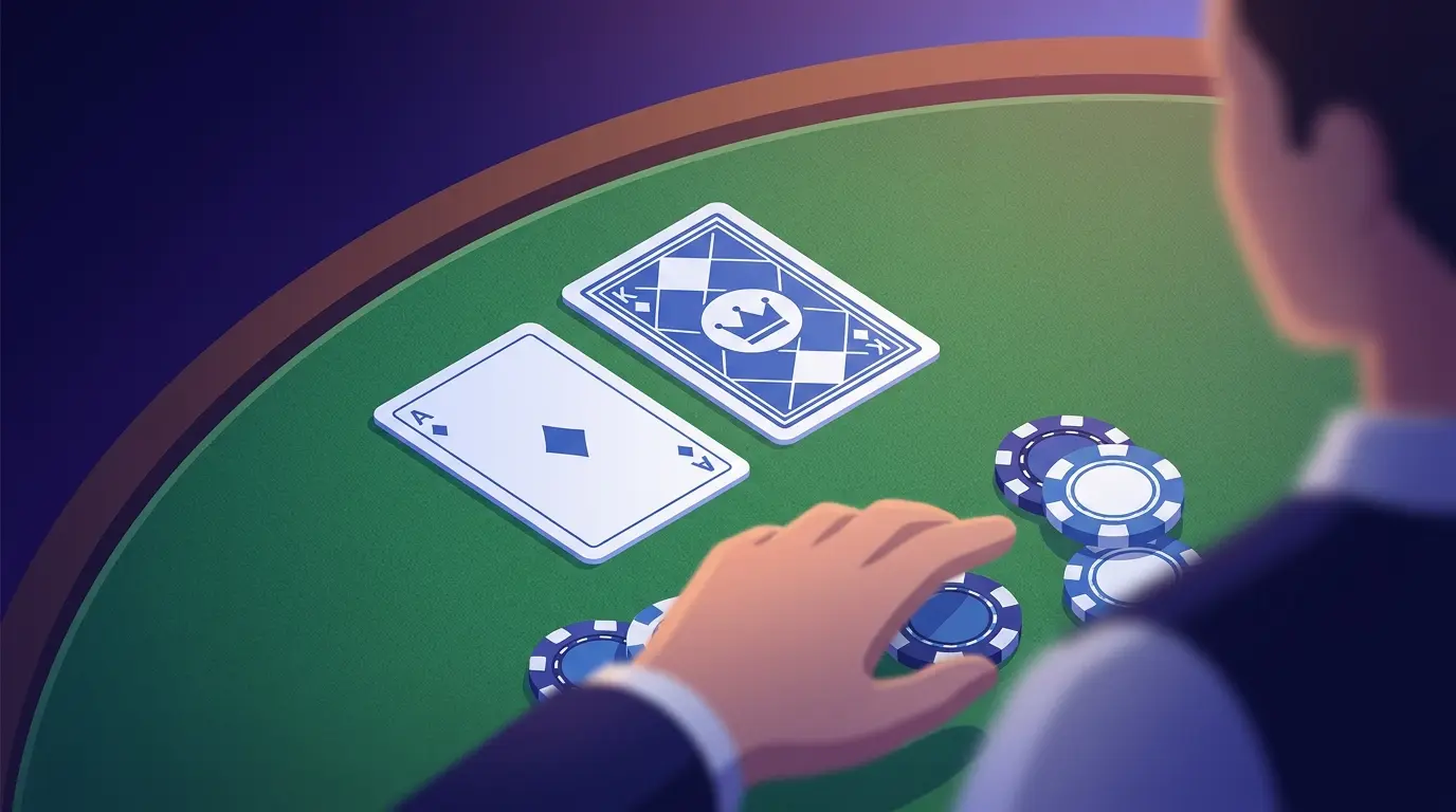 Blackjack-ässä ja kuningas sinivalkoisilla pelimerkeillä