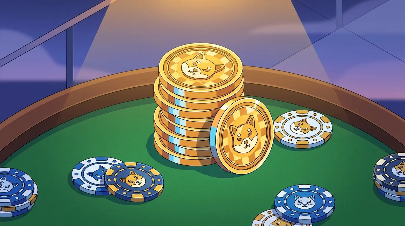 Dogecoin-kolikot ja pelimerkit kasinon huopapoydalla