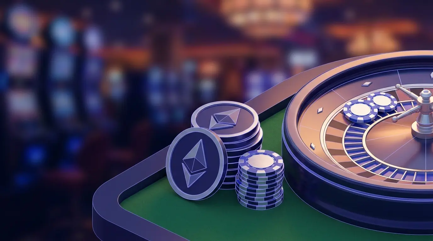 Ethereum-kolikoita ja rulettipyörä kasinohuovalla