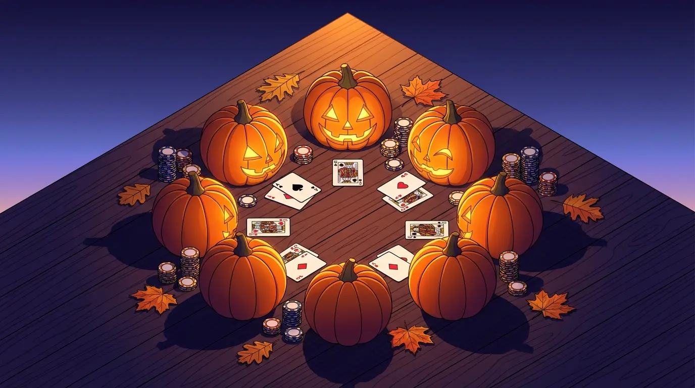 Halloween-kurpitsoja, pelimerkkejä ja kortteja hämärässä valaistuksessa