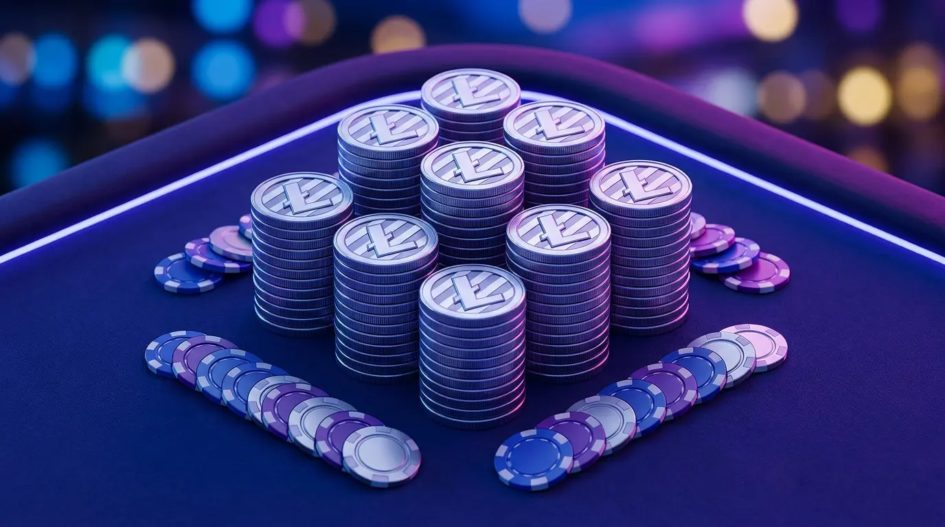 Litecoin-kolikoita ja kasinopelimerkkejä sinisellä huovalla