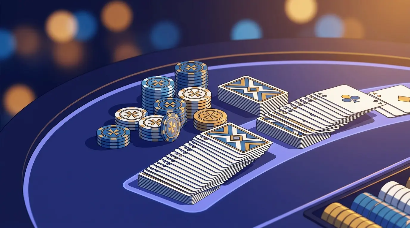 Kasinopelimerkkejä ja kortteja sinisellä huovalla