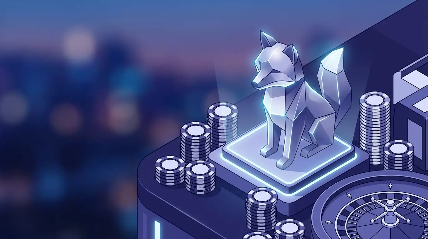 Metamask-lompakko ja kasinopelimerkit sinivalkoisessa valaistuksessa