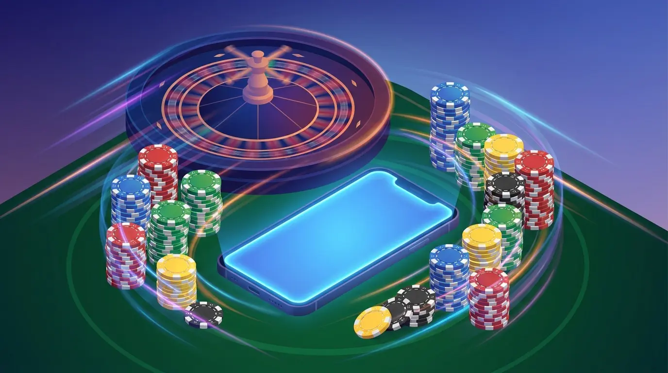 Älypuhelin pokerimerkkien ympäröimänä kasinopöydällä
