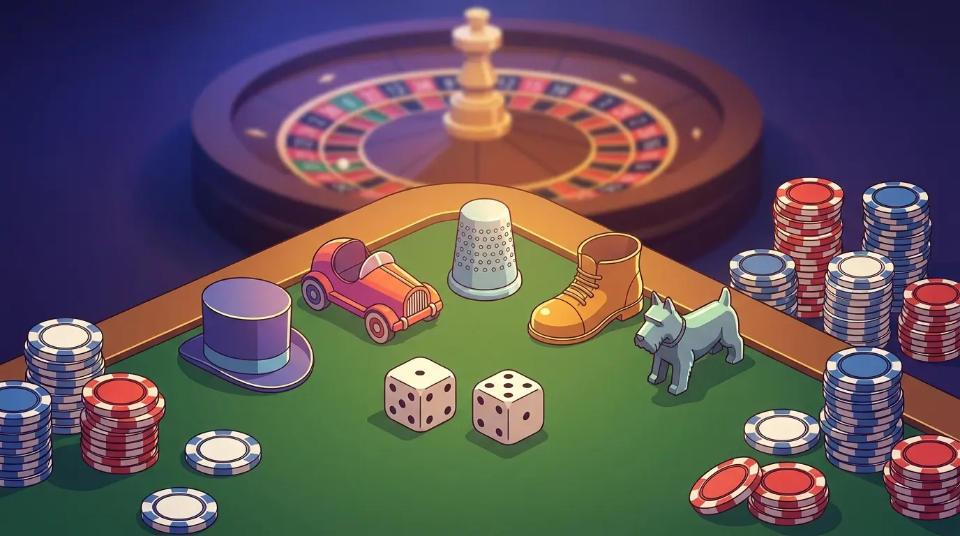 Monopoly-nappulat ja nopat vihreällä kasinohuovalla