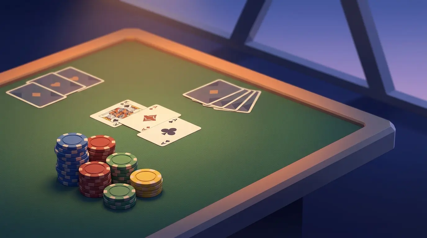 Pokerikortteja ja pelimerkkejä vihreällä huovalla