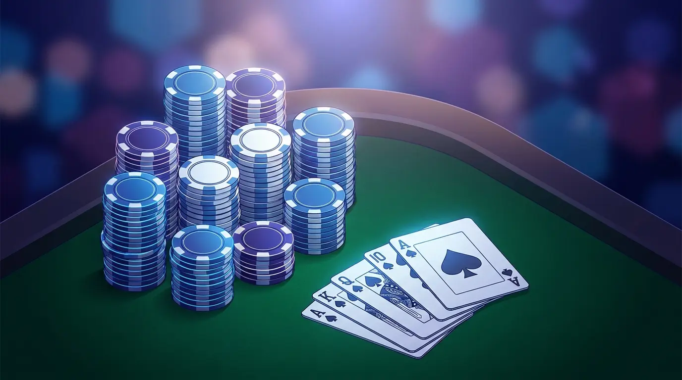 Pokeripelihet ja pelimerkit vihreällä huovalla sinivalkoisin sävyin