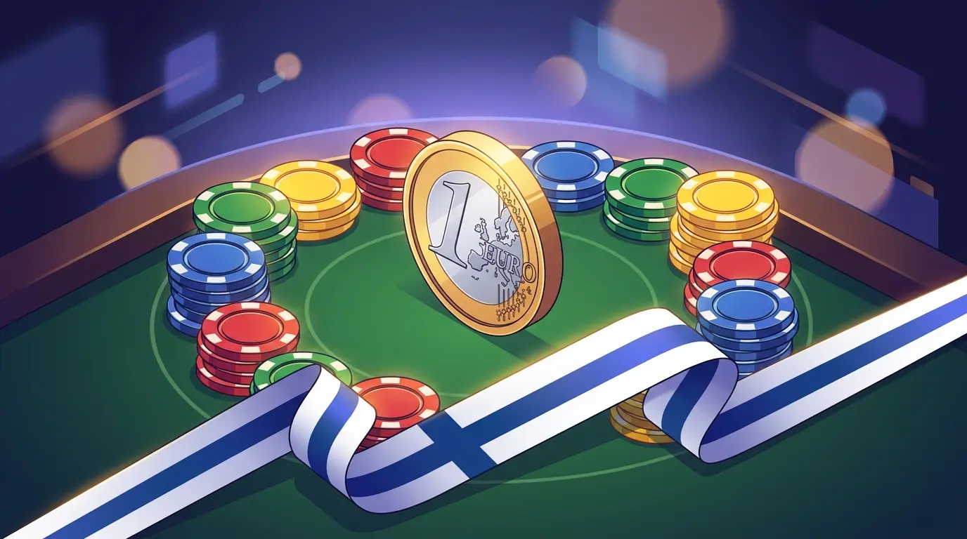 Kymmenen euron kolikko ja pelimerkkejä kasinovihrellä huovalla