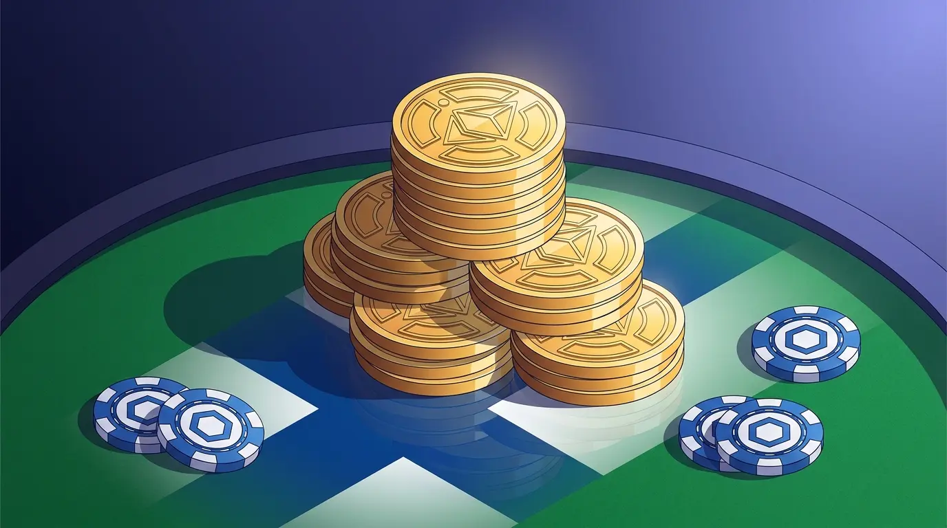 Kultaisia kryptokolikoita ja pelimerkkejä kasinovihrällä huovalla