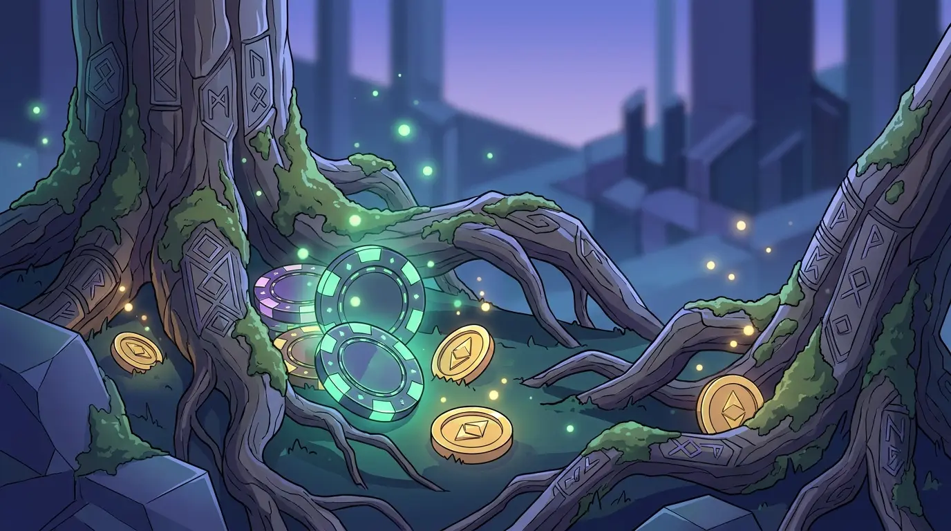 Yggdrasil-puu juuria ja kasinopelimerkkejä mystisessä valaistuksessa